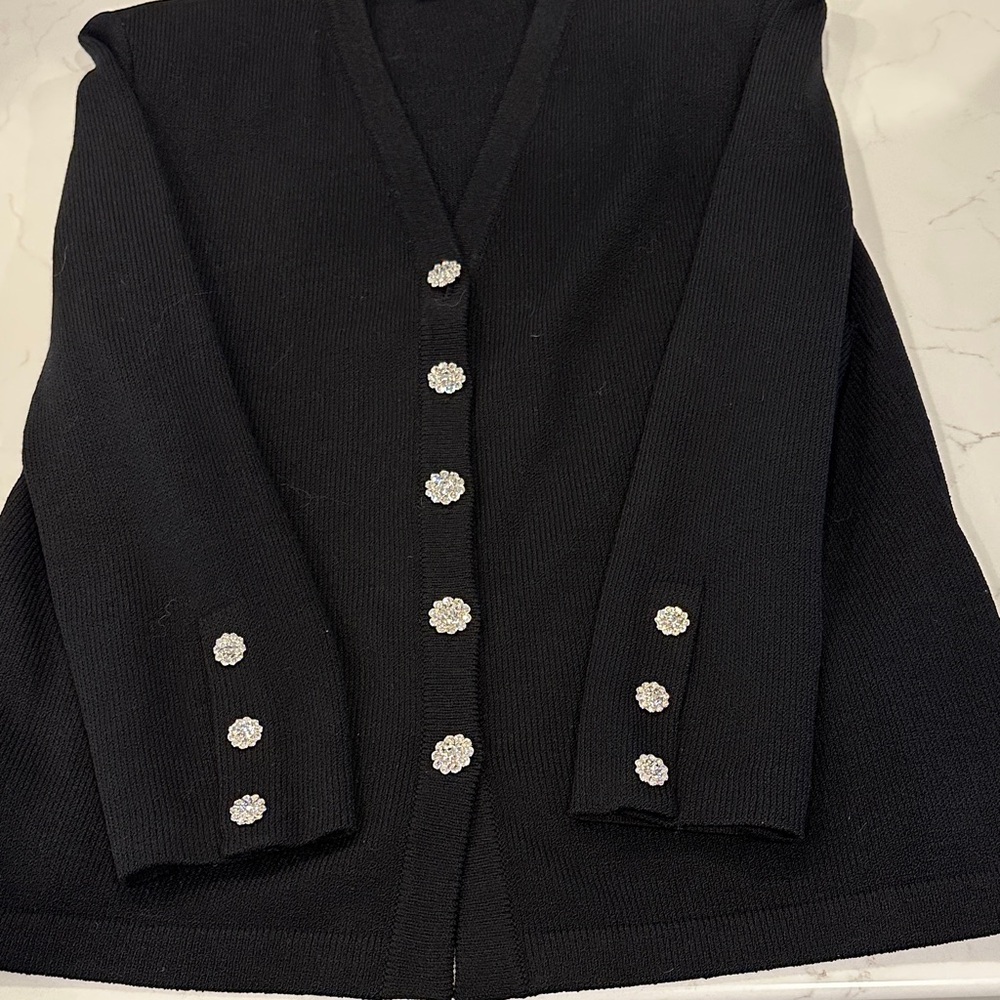 St. John Black V-Neck Cardigan with Crystal Flower Buttons